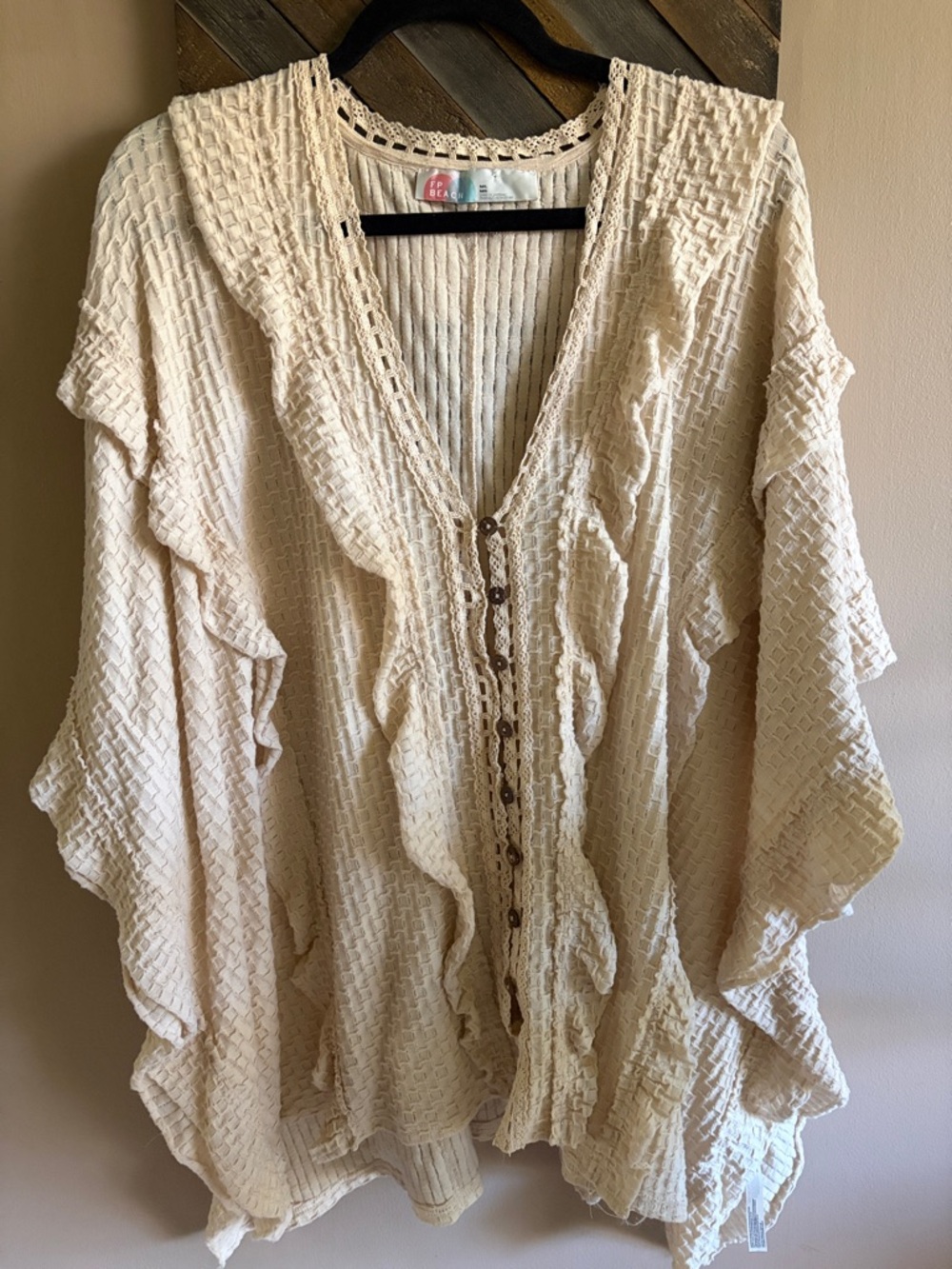 Free People Cream Ruffle-Trim Button Tunic Mini Dress BOHO Sz M - Picture 4 of 6